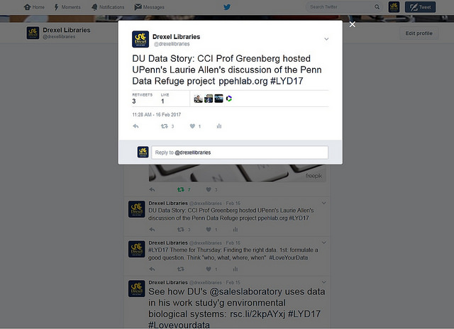 screenshot of DUL twitter post that reads DU Data Story: CCI Prof greenberg hosted Upenn's Laurie Allen's discussion of the Penn Data Refuge Project #LDY17